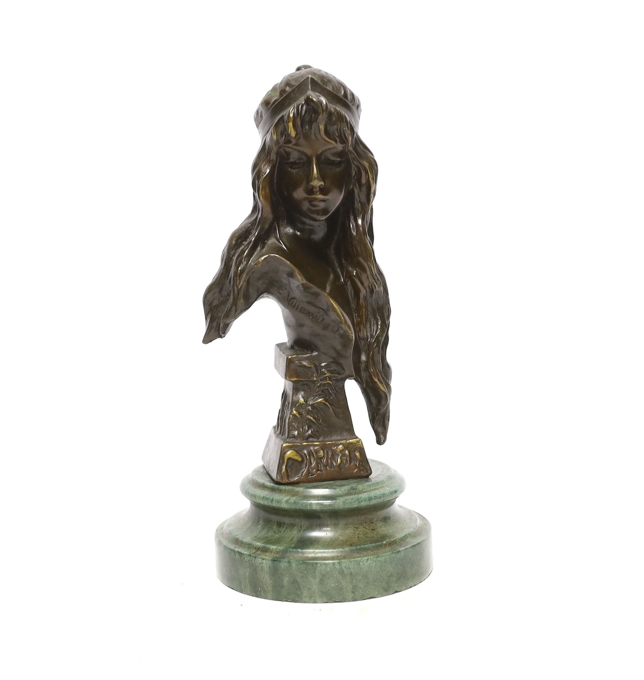 After Emmanuel Villanus (1858-1914), a patinated bronze bust of Carmela, raised on circular base, 26cm high